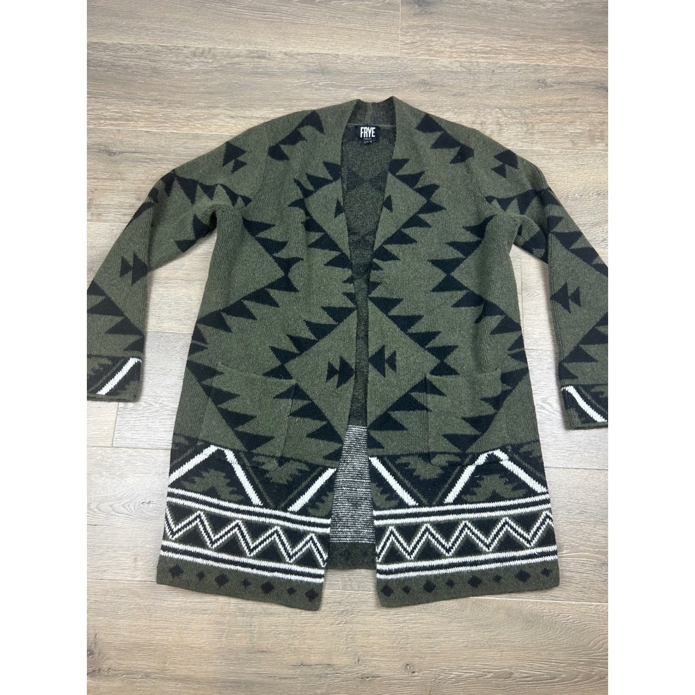 FRYE Open Front Cardigan M Olive Green Black Aztec Southwestern Sweater Boho